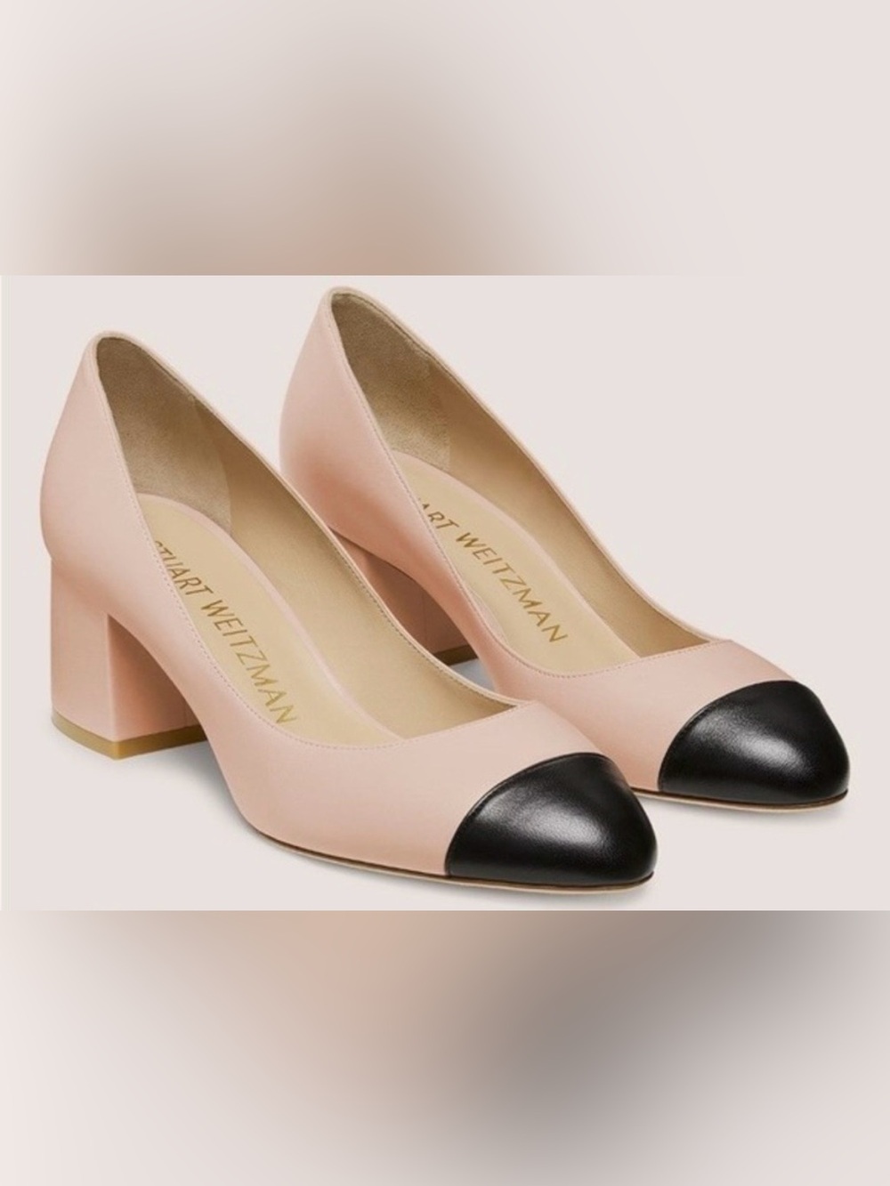 STUART WEITZMAN Career Preppy Leather Flareblock 60 Dolce/Black Cap Toe 10 Wide